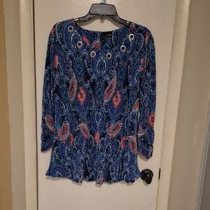 New Directions Blue and Coral Paisley Blouse Sz L